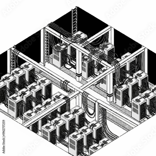 Isometric view of a server room with rows of computer servers and complex wiring systems.