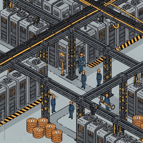 Isometric view of a cryptocurrency mining farm with servers, cooling systems, and Bitcoin coins.