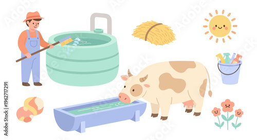Farming and Dairy Production Flat Cartoon Vector Illustration Set with Farmer and Cow