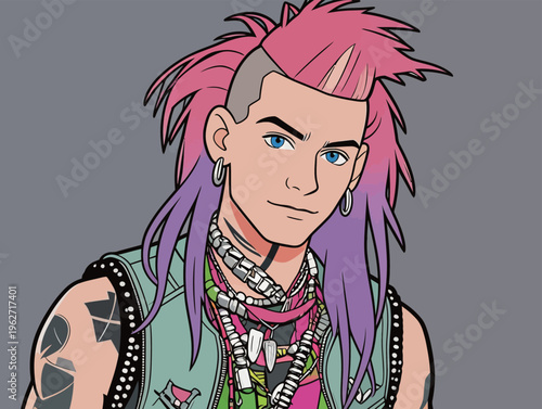 Punk character with colorful hair and accessories standing against a plain background
