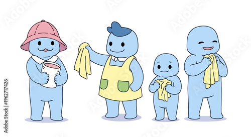 Cute Blue Cartoon Family Doing Household Chores and Cleaning - Flat Vector Illustration