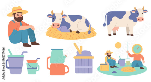 Flat Vector Dairy Farming Illustration with Farmers, Cows, Milk Production, and Butter Making