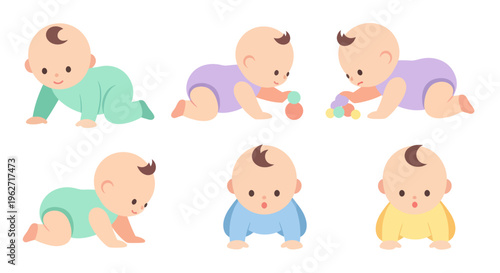 Flat Vector Illustration Set of Cute Babies Crawling and Playing, Infant Development Stages