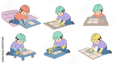 Construction Home Renovation Flat Vector Cartoon Illustration of Tiling Installation Process.