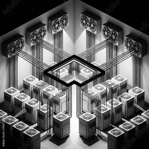 Abstract isometric view of a cryptocurrency mining farm with multiple GPUs and cooling fans.