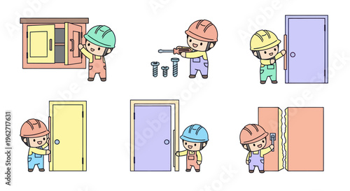 Cute Cartoon Flat Vector Illustration of DIY Home Improvement and Construction Workers Installing Doors and Cabinets