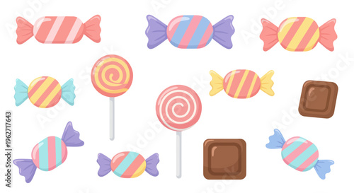 Collection of Colorful Candies, Lollipops, and Chocolates in Flat Vector Art Style