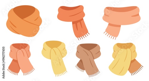 Flat Style Vector Illustration Set of Autumn and Winter Fashion Scarves and Neckwear Accessories