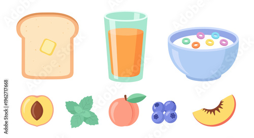 Flat Vector Illustration of Healthy Breakfast Food Items: Toast, Juice, Cereal, Fruits