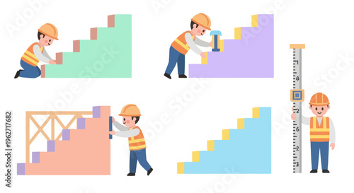 Flat Design Construction Workers Building and Measuring Stairs with Railings Vector Illustration