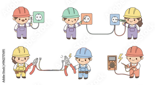Cute Cartoon Flat Electrician Characters Set: Wiring, Outlets, Plugs, Tools for Electrical Work