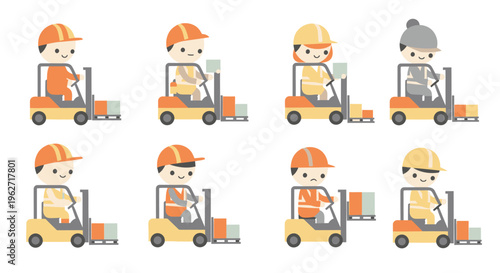 Industrial Warehouse Logistics Forklift Driver Workers Flat Cartoon Vector Illustration Set
