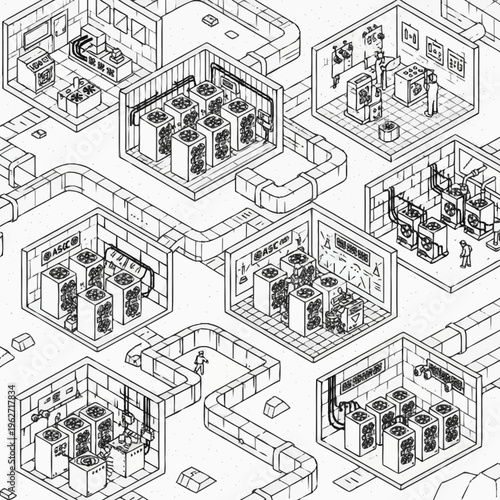 Isometric illustration of a complex industrial facility with multiple interconnected rooms and machinery.