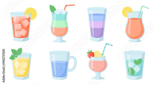 Flat Vector Illustration Set of Refreshing Summer Cocktails and Beverages