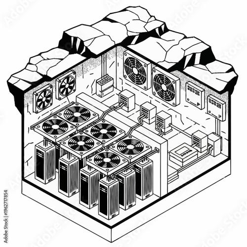 Isometric illustration of a cryptocurrency mining farm located underground with cooling fans and servers.