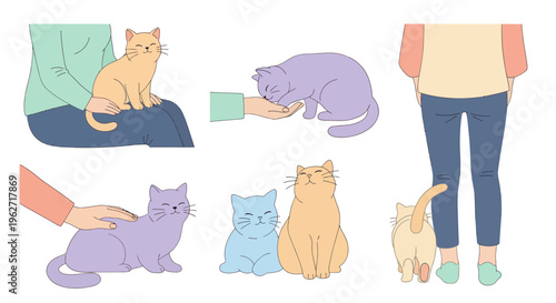 Lifestyle Flat Vector Illustration of Pet Cats and Human Interaction