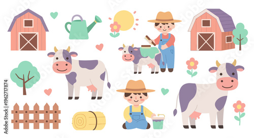 Cute Flat Cartoon Farming Vector Illustration Set with Farmers, Cows  Barns