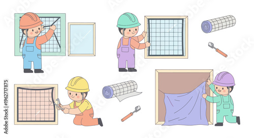 Flat Vector Illustration of Workers Installing and Repairing Window Screens and Curtains for Home Improvement