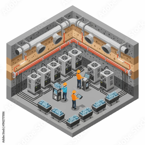 Isometric view of a cryptocurrency mining farm with workers and equipment.