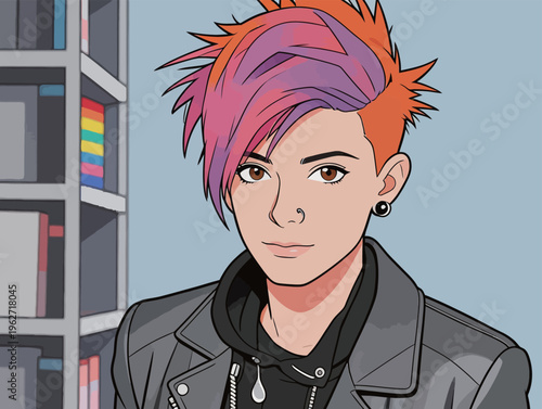 Person with colorful hair stands in front of bookshelves while wearing a leather jacket and a hoodie in a bright room during the day