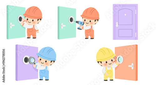 Flat Cartoon Vector Illustration: Home Security Worker Installing Peephole on Door