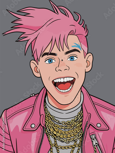Young person with pink hair and bright expression wearing a leather jacket and chains in a fun cartoon style