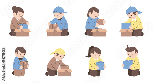 Flat Cartoon Illustration of People Packing Delivery Boxes for Logistics and E-commerce