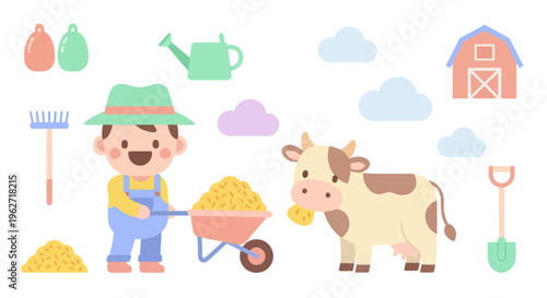 Cute Flat Design Agriculture Farm Scene with Happy Farmer, Cow, Barn, and Farming Tools