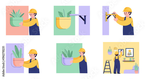 DIY Home Decoration and Plant Hanging Flat Vector Illustration Set