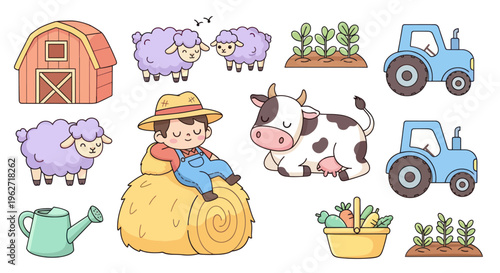 Cute Cartoon Farming and Agriculture Vector Illustration Set with Animals, Farmer, and Equipment