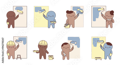 Flat Cartoon Vector Home Improvement Workers Painting Walls with Rollers