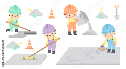 Cute Cartoon Flat Construction Kids Pouring Concrete, Leveling  Laying Floor Illustration
