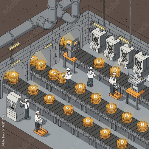 Illustration of a Bitcoin mining factory with workers and machinery producing cryptocurrency coins on assembly lines.