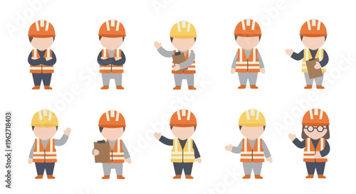 Flat Construction Worker Avatars Set: Engineers with Hard Hats and Safety Vests