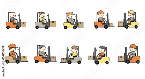 Warehouse Logistics Forklift Operators Moving Cargo Boxes - Flat Illustration Vector Set