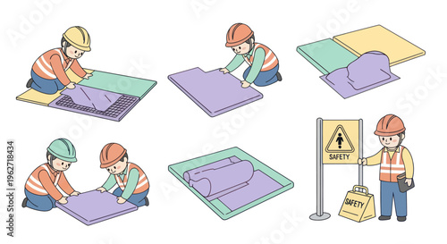 Construction Industry Flooring Installation and Safety Procedures Flat Illustration