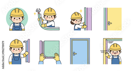 Flat Cartoon Home Renovation Worker Installing Doors  Pipes Vector Illustrations