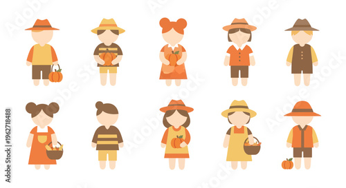 Flat Design Autumn Harvest Farmer People Characters Icon Set