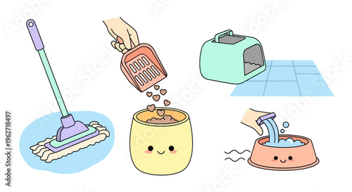 Cute Cartoon Pet Care Supplies  Household Chores Vector Illustration Set