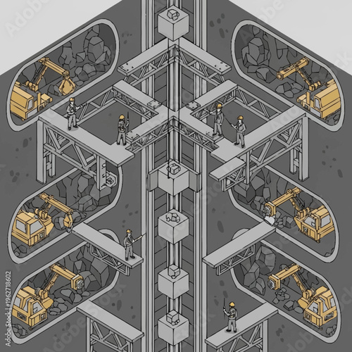 Isometric illustration of a mine shaft with workers and excavators digging tunnels and extracting ore.