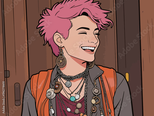 Young person with pink hair smiles while wearing jewelry and a backpack, standing indoors at an event