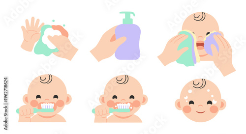 Baby Hygiene Daily Routine Flat Vector Illustration - Washing, Bathing, Tooth Brushing