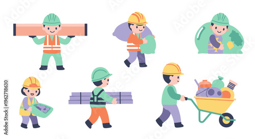 Happy Flat Design Construction and Recycling Workers Set with Building Materials and Waste