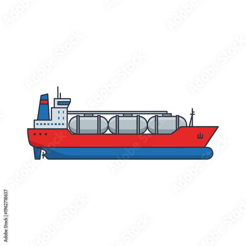 Large cargo ship with red smokestack on ocean
