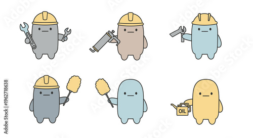 Cute Flat Cartoon Construction and Maintenance Workers with Tools Vector Set