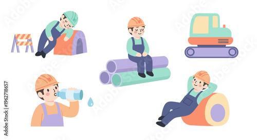 Flat Construction Worker Characters and Equipment Set: Resting, Hydrating  Operating