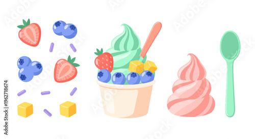 Food Vector Illustration of Flat Design Frozen Yogurt with Berries, Toppings, Soft Serve  Spoon