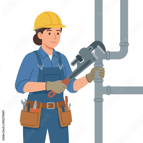 Female plumber repairing water pipes illustration