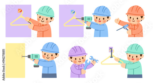 Flat Cartoon Home Improvement  DIY Workers Using Tools for Installation Vector Illustration