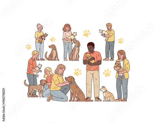Diverse group of people happily interacting with their beloved dogs and cats, showcasing pet ownership and animal companionship.